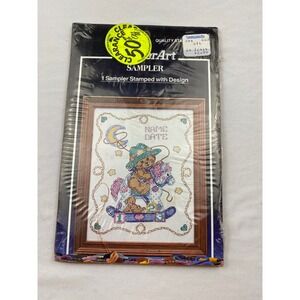 Vintage WonderArt Cowboy Bear Stamped Sampler Kit 11x14 Nursery Birth Record